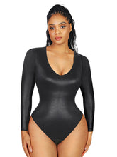 old Print Faux Leather Deep V-Neck Bodysuit with Tummy Control